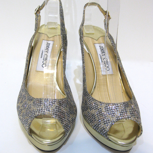 JIMMY CHOO Nova Silver Glitter Gold Heel Sz 38